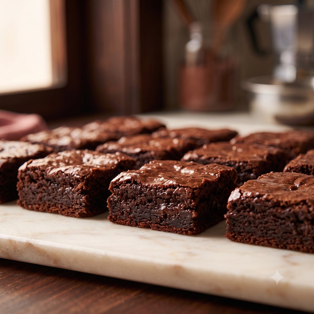 Bandeja de brownies recém-assados na cozinha da confeitaria