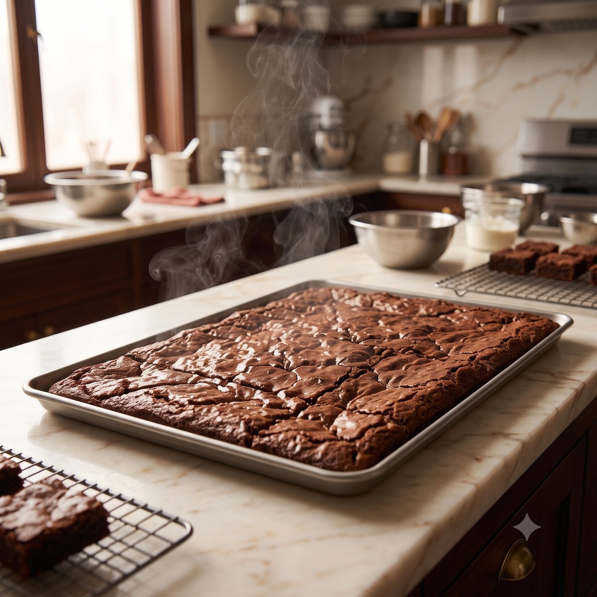 Fornada de brownies em bandeja pela manhã