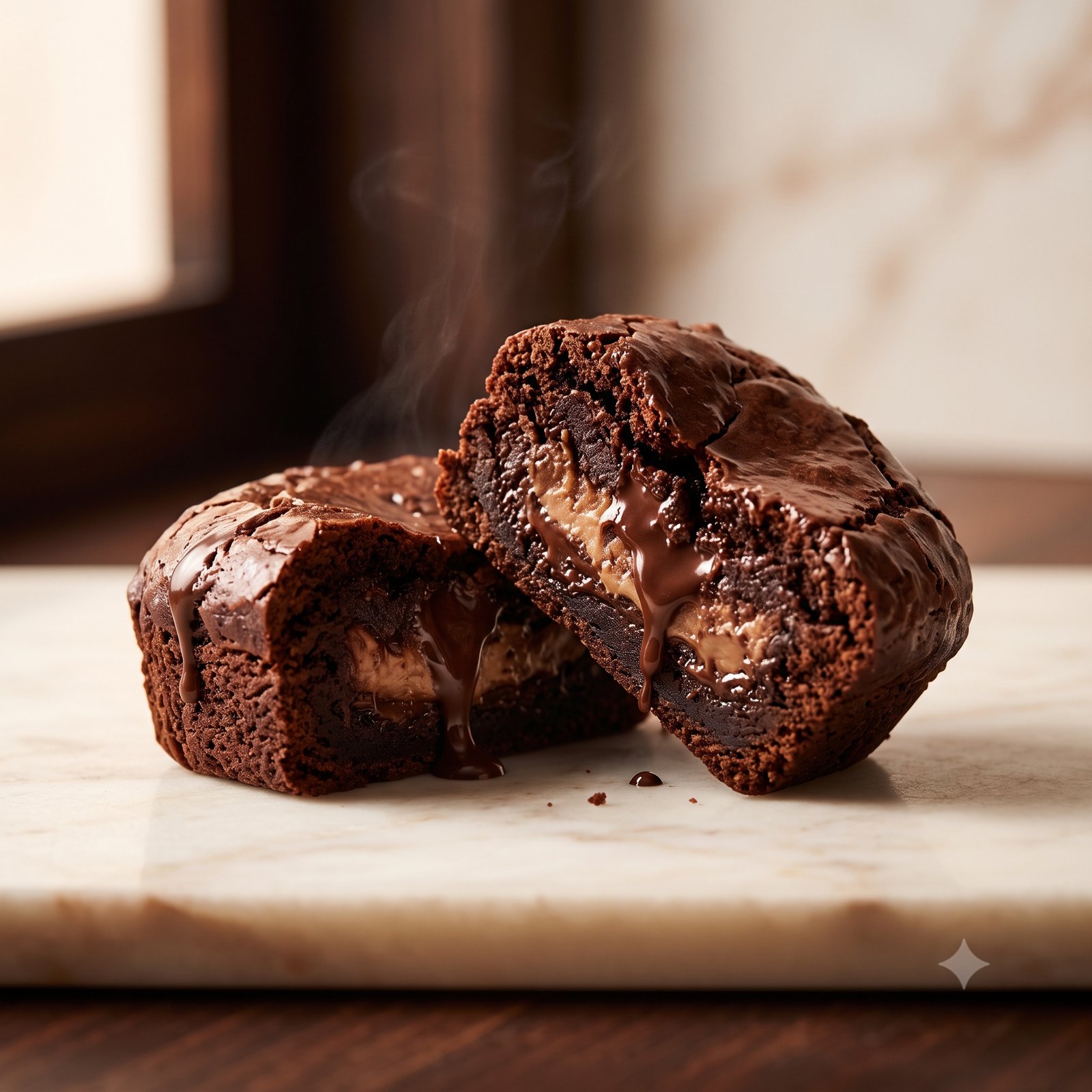 Brownie de chocolate com calda derretendo, cortado ao meio mostrando o miolo cremoso
