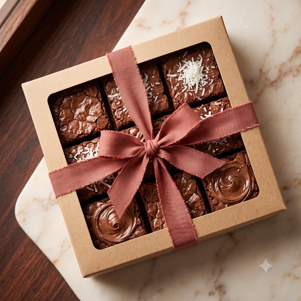 Caixa presente com seis brownies sortidos, amarrada com fita